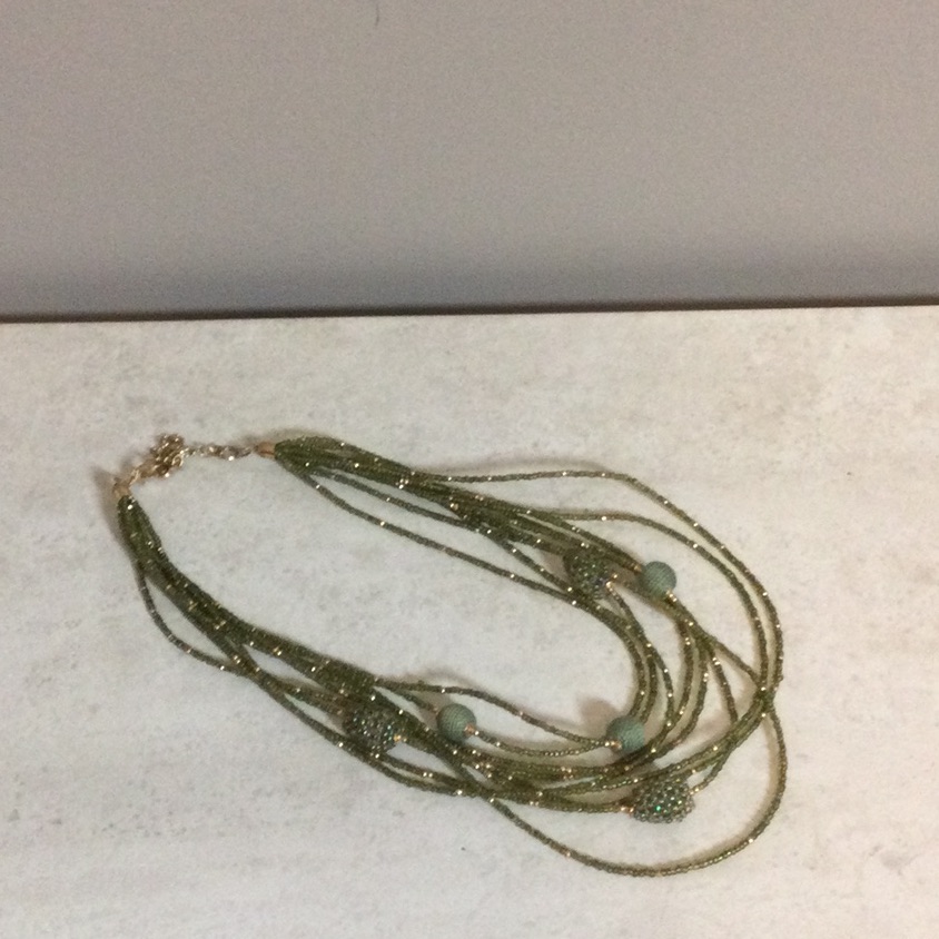 C1946 Olive Green Multi Strand Beaded Necklace